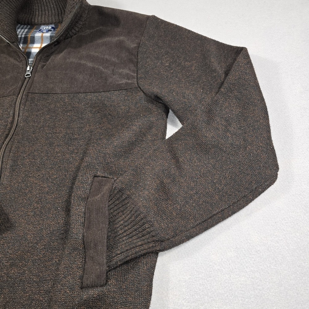 Izod Mens Large Brown Full Zip Sweater Jacket Plaid Fleece Lined Corduroy Trim - Picture 3 of 9